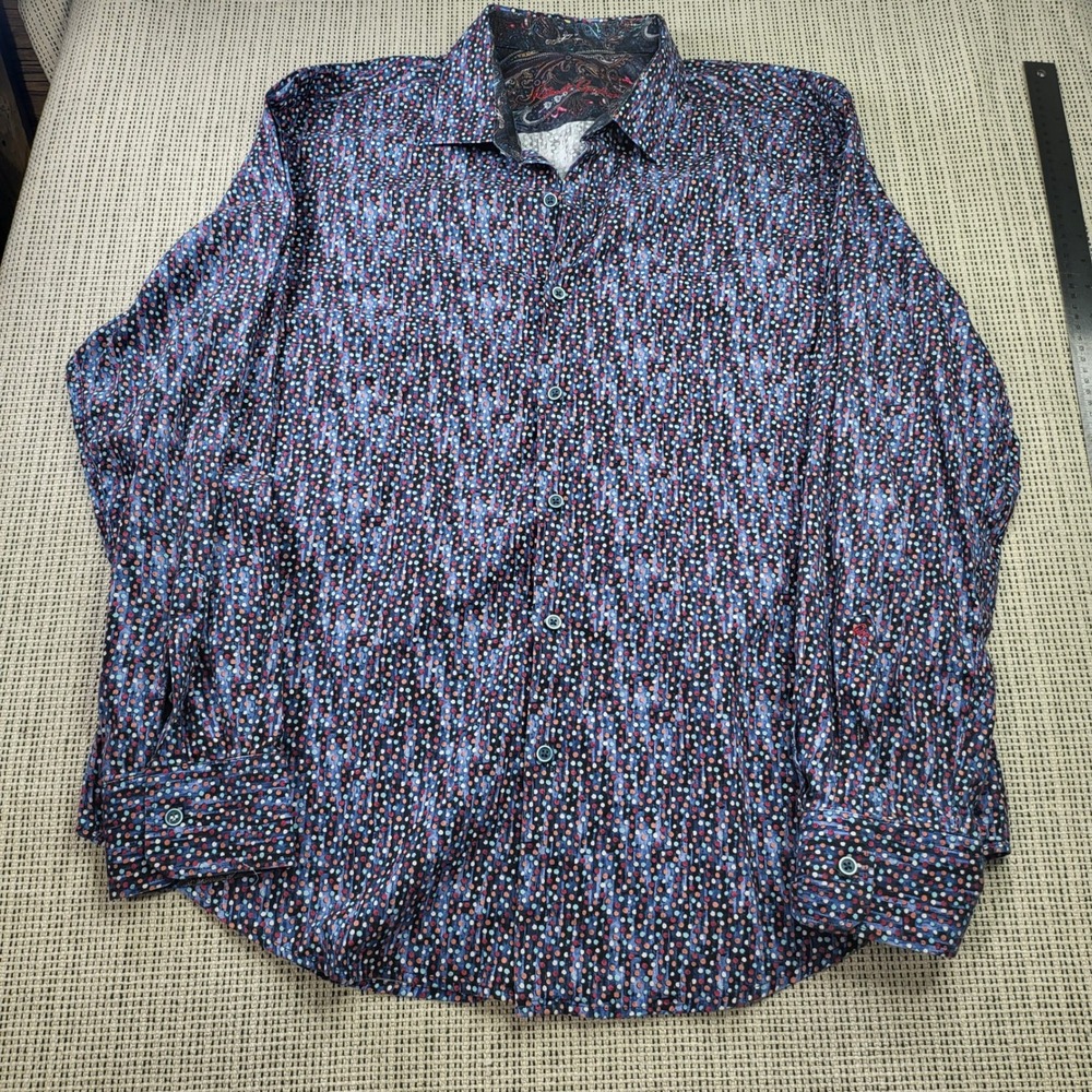 Robert Graham Shirt Mens 2XL Blue Polka Dot Classic Fit Paisley Trim Long Sleeve